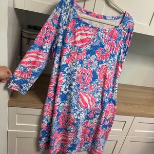 Lilly Pulitzer Sophie Shift Dress Womens XL Bay Blue Crabs Boatneck 3/4 Sleeve